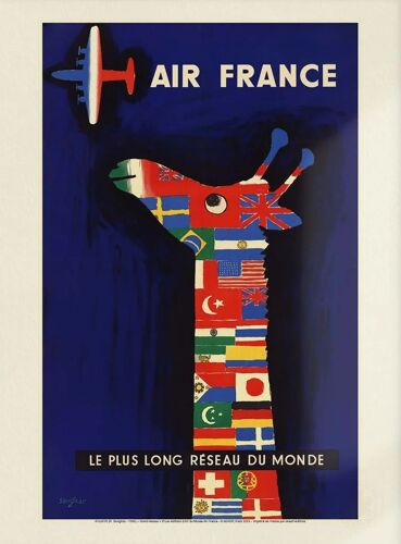 Air France - Girafe Et Drapeaux - Raymond Savignac, 1956 - Affiche 60x80cm
