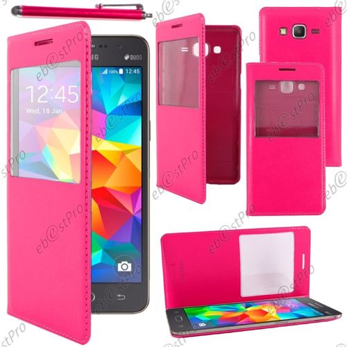 Ebeststar ® Housse Coque Etui Smart View Cover Type S-View Portefeuille Livre Pour Samsung Galaxy Grand Prime Sm-G530f Sm-G530h, Couleur Rose + Stylet + Film Protection D'écran