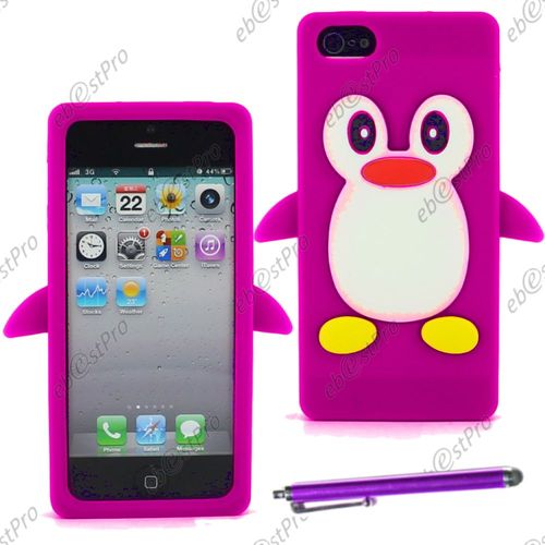 Ebeststar ® Etui Housse Coque Pingouin Silicone Souple Design Fun Pour Apple Iphone 5s, 5, Couleur Violet + Stylet + Film Protection D'écran