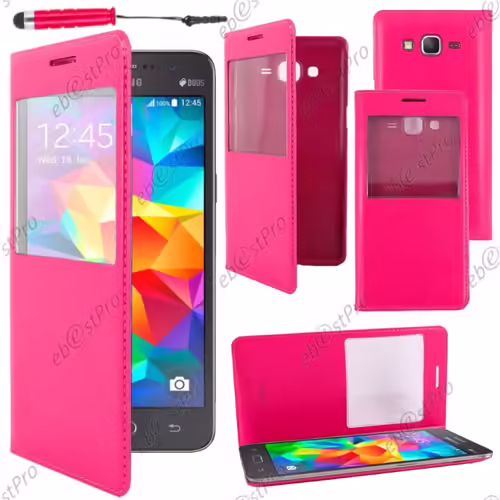 Ebeststar ® Housse Coque Etui Smart View Cover Type S-View Portefeuille Livre Pour Samsung Galaxy Grand Prime Sm-G530f Sm-G530h, Couleur Rose + Mini Stylet + Film Protection D'écran