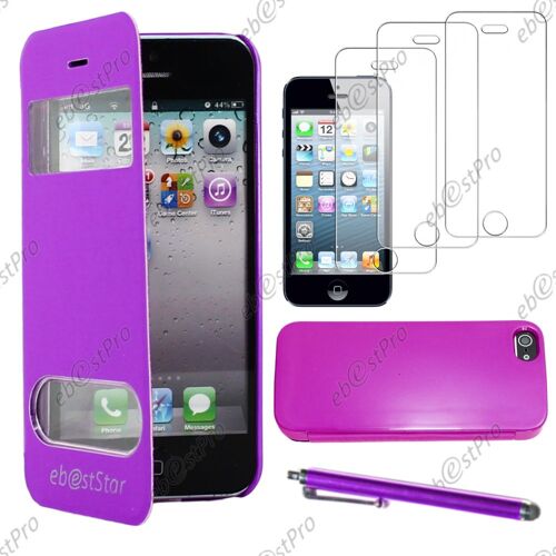 Ebeststar ® Housse Coque Etui Smart View Cover Type S-View Portefeuille Livre Pour Apple Iphone 5s, 5, Couleur Violet + Stylet 3 Film