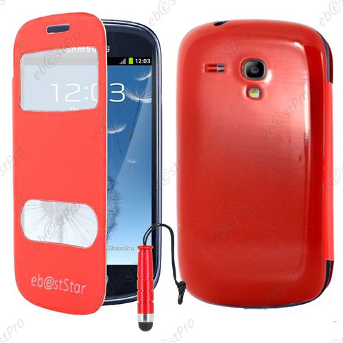 Ebeststar ® Housse Coque Etui Smart View Cover Type S-View Portefeuille Livre Pour Samsung Galaxy S3 Mini Gt-I8190, I8190n, Couleur Rouge + Mini Stylet + Film Protection D'écran
