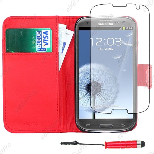Ebeststar ® Housse Coque Etui Portefeuille Folio Book Livre Simili Cuir Pour Samsung Galaxy S3 I9300 I9305, Couleur Rouge + Mini Stylet + Film Protection D'écran
