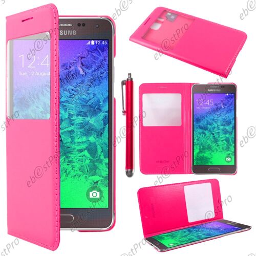 ebestStar ® Housse Coque Etui Smart View Cover type S-View Portefeuille Livre pour Samsung Galaxy Alpha SM-G850F, Couleur Rose + Stylet + Film protection d'écran