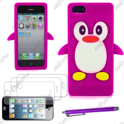 Ebeststar ® Etui Housse Coque Pingouin Silicone Souple Design Fun Pour Apple Iphone 5s, 5, Couleur Violet + Stylet 3 Film