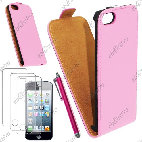 Ebeststar ® Housse Coque Etui En Pu Cuir À Rabat Ultra Fine (Slim Case) Pour Apple Iphone 5s, 5, Couleur Rose + Stylet 3 Film