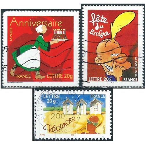 France 2005, Beaux Timbres Yvert 3751 Fête Du Timbre, Titeuf Par Zep, 3778, Anniversaire, 100 Ans De Bécassine Et 3788 Vacances, Cabines De Plage, Oblitérés, Tbe.