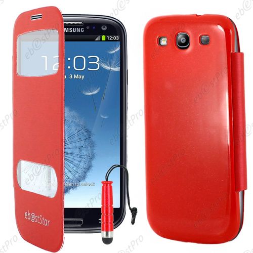 Ebeststar ® Housse Coque Etui Smart View Cover Type S-View Portefeuille Livre Pour Samsung Galaxy S3 I9300 I9305, Couleur Rouge + Mini Stylet + Film Protection D'écran