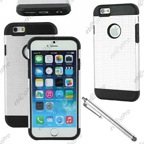 Ebeststar ® Coque Duo Bi-Couches En Silicone Et Polycarbonate Mesh Etui Housse Pour Apple Iphone 6 Écran 4,7", Couleur Blanc + Stylet + Film Protection D'écran