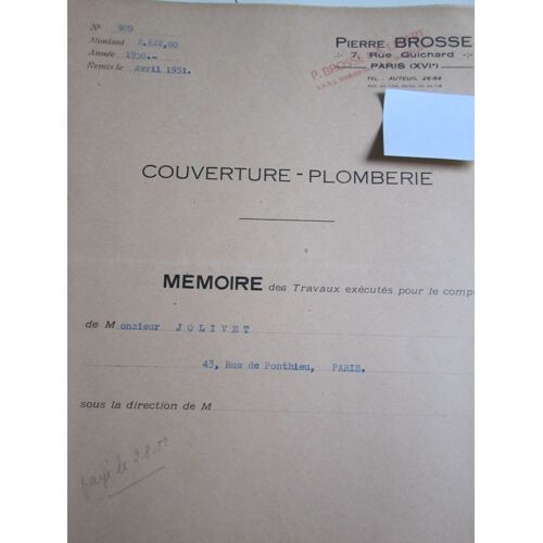 Mémoire Des Travaux De Couverture-Plomberie, P. Brosse (Chemise + 1 Feuillet, 1950)