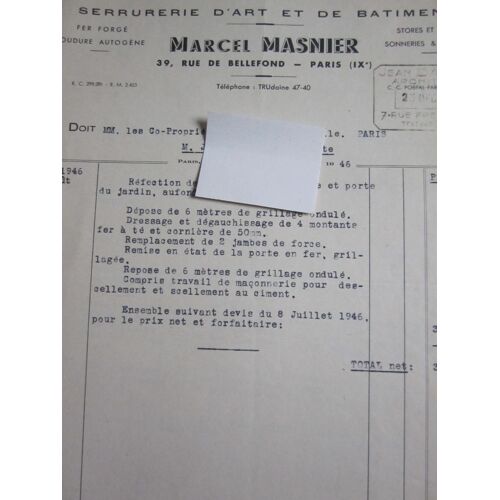 Lettre : Serrurerie D' Art & De Bâtiment, Marcel Masnier, 1946