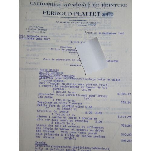 Devis : Ferroud Plattet, Entreprise Générale De Peinture, 1951