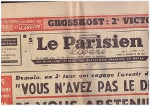 Le Parisien Libéré N°7411 Du 30 06 1968...55ème Tour De France : Grosskost : 2ème Victoire...