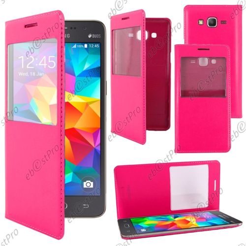 Ebeststar ® Housse Coque Etui Smart View Cover Type S-View Portefeuille Livre Pour Samsung Galaxy Grand Prime Sm-G530f Sm-G530h, Couleur Rose + Film Protection D'écran