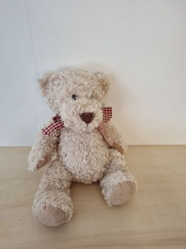 Peluche Ours Beige Noeud Rouge Écossais Damart