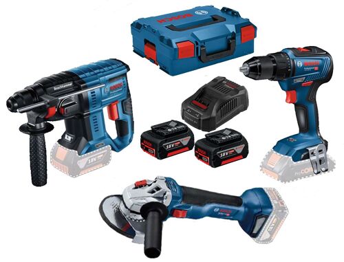Pack de 3 outils 18V (GSR55/GWS10/GBH21) + 2 batteries 5Ah + chargeur en coffret L-BOXX - BOSCH