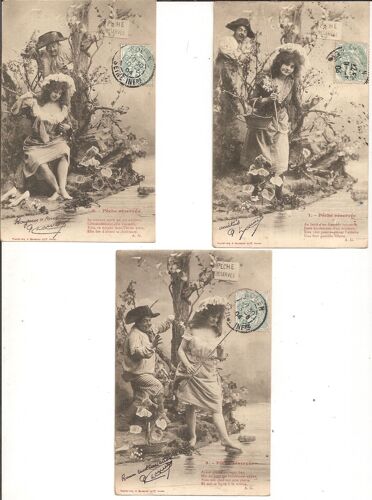 5 Cartes Postales Anciennes Série "Pêche Réservée"