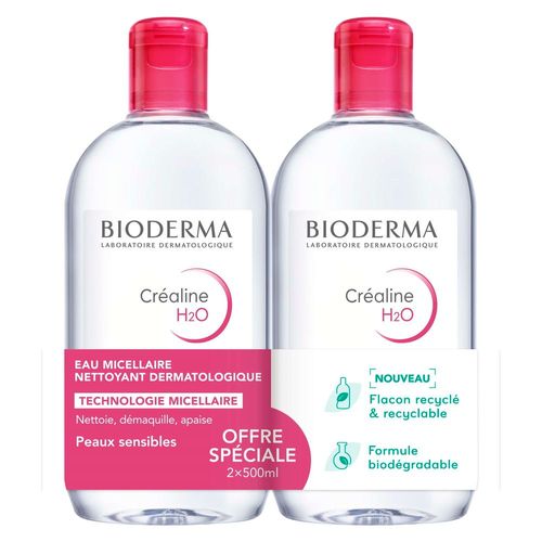 Bioderma - Crealine H2o, Eau Micellaire Démaquillante 2 X 500 Ml Peaux Sensibles Démaquillant/Nettoyant 1 Unité 