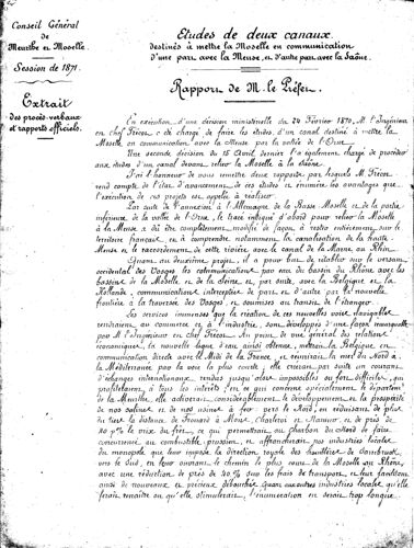 Conseil Général De Meurthe Et Moselle. Séance Du 15 Novembre 1871. Etudes De Deux Canaux Destinés À Mettre La Moselle En Communication D'une Part Avec La Meuse, Et D'autre Part Avec La Saône.