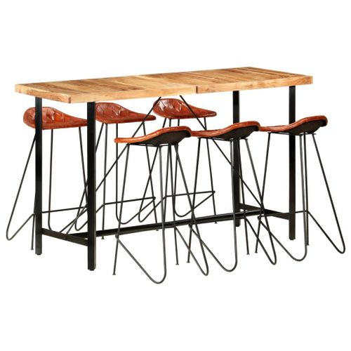 Vidaxl Ensemble De Bar 7 Pcs Bois D'acacia Solide Et Cuir Véritable