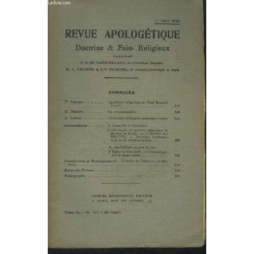 Revue Apologétique Doctrine & Faits Religieux Tomexl N° 462 , 1er Aout 1925