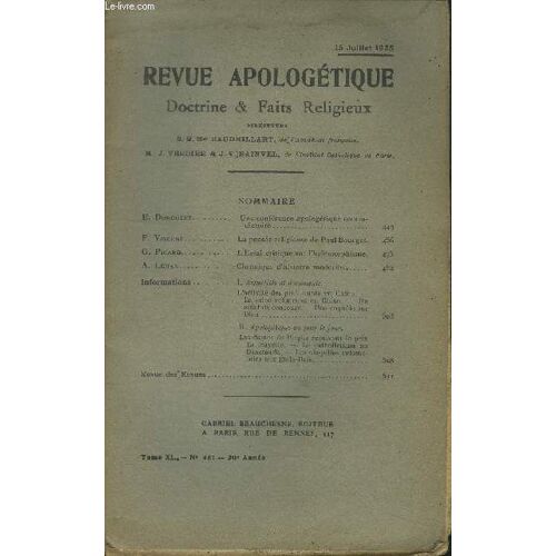 Revue Apologétique Doctrine & Faits Religieux Tomexl N°461 : 15 Juillet 1925