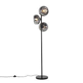 Qazqa Art Deco Art Deco Vloerlamp Zwart Met Smoke Glas 3-Lichts - Ayesha Verre /Acier Noir,Gris Oblongue / Luminaire / Lumiere / Éclairage / Intérieur / Salon E27 Max. 3 X 25 Watt