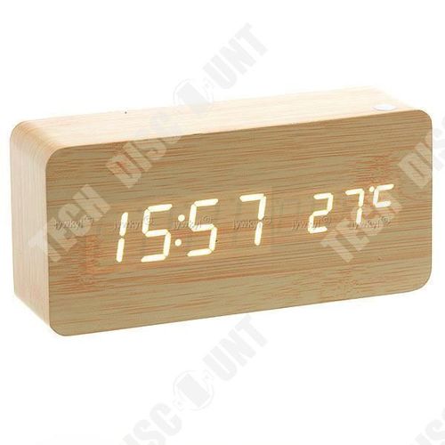 Horloge Réveil Alarme Digital LED en Bois avec fonctions thermomètre double entrées pile ou alimentation direct multifonctions
