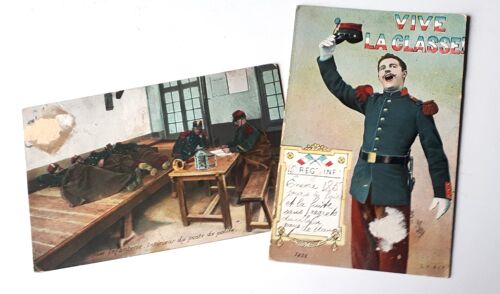Deux Cartes Postales Militaires Anciennes Infanterie-Intérieur Du Poste De Police + Vive La Classe ! Avec Un Militaire En Uniforme - Au Verso Des Correspondances Écrites En 1911 Entre 2 Soldats