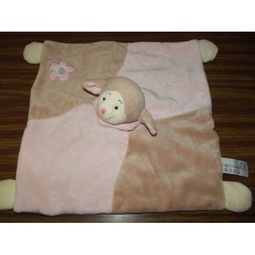 Doudou Mouton Brebis Carré  Peluche Pour Bébé Marron Blanc Cassé Beige Rose Fleur