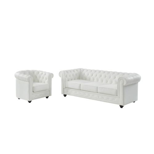 Canapé 3 Places Et Fauteuil En Cuir De Buffle Chesterfield - Blanc