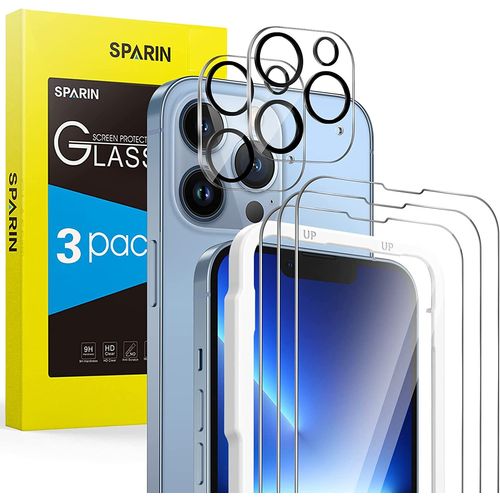 5 Pièces Verre Trempé iPhone 13 Pro, 3 Protecteurs d'Écran et 2 Pièces Caméra Protection Écran, Vitre Protecteur avec Outil d'alignement Facile, 9h Dureté, Sans Bulles