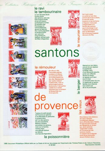 Document Philatélique Officiel Santons De Provence (Le Ravi, Le Tambourinaire, Le Meunier, Le Rémouleur, Le Berger, Les Vieux, La Poissonnière)