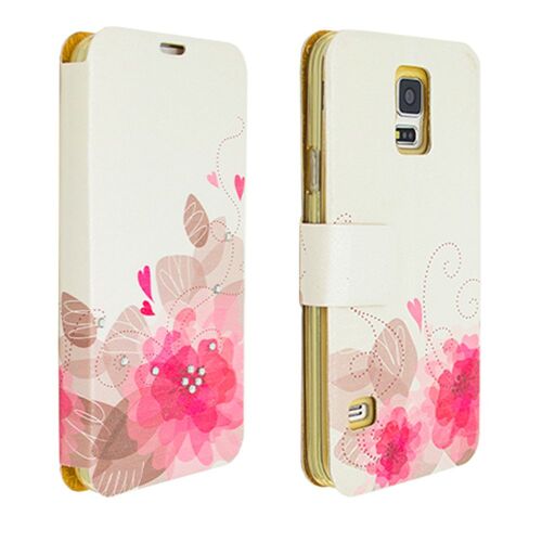 Etui Folio book à rabat latéral blanc cassé avec motifs fleuris et strass incrustés pour Galaxy S5