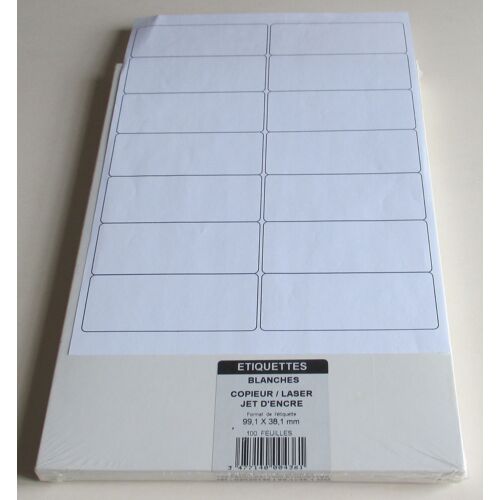 Lot De 100 Planches Prédécoupées Représentant 1400 Étiquettes Adhésives Blanches Pour Copieur/Laser Jet D'encre- Code 02030146 - 99.1x38.1mm - Sous Cellophane