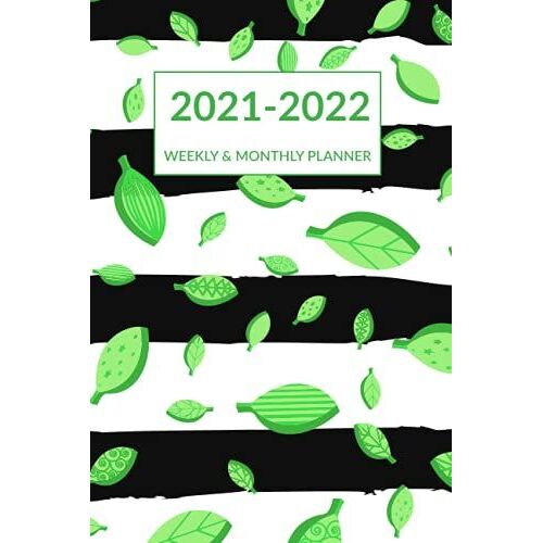 2021 2022 Weekly & Monthly Planner: Black White Striped Green Leaves Cover, Pocket-Sized Academic Planner Mid-Year July 2021 To June 2022