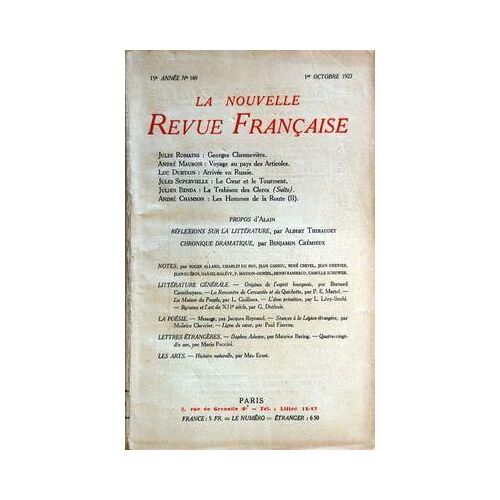 Nouvelle Revue Francaise (La) N° 169 Du 01/10/1927 - Texte De Romains - Maurois - Durtain - Supervielle - Benda Et Chamson - Reflexions Sur La Litterature Par Thibaudet - Chronique Dramatique Par Cremieux - Les Notes