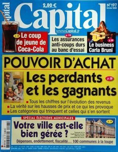 Capital N° 197 Du 01/02/2008 - Votre Ville Est-Elle Bien Geree - Pouvoir D'achat   -   Les Perdants Et Les Gagnants - Le Coup De Jeune De Coca-Cola - Les Assurances Anti-Coups Durs Au Banc D'essai - Le Business Carla Bruni