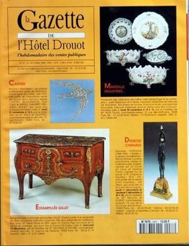 Gazette De L'hotel Drouot (La) N° 37 Du 21/10/1994 - Cartier  -   Broche Hirondelle En Platine - Marseille Moustiers - Demeter Chiparus - Estampillee Gillet  -   Commode