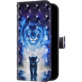Compatible Avec Samsung Galaxy A10 Coque Housse En Pu Cuir Pochette Portefeuille Etui Bling Brillante Glitter Paillettes 3d Effet Motif Etui A Rabat Magnetique Coque De Protection,Lion Bleu