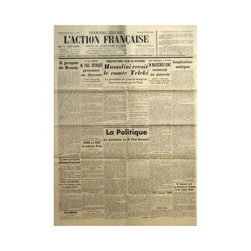 Action Francaise (L') N° 87 Du 27/03/1940 - A Propos De Branly Par Leon Daudet - Seuls, Les Neutres Ont Eu Des Batiments Coules La Semaine Derniere - A La Radio M. Paul Reynaud Prononce Un Discours - Apres La Mort Du Professeur Branly - Inquietude...