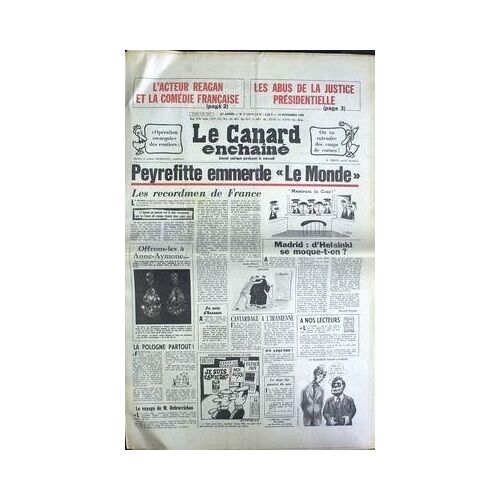 Canard Enchaine (Le) N° 3133 Du 12/11/1980 - L'acteur Reagan Et La Comedie Francaise - Les Abus De La Justice Presidentielle - Peyrefitte - J. Lap - A. Ribaud - Anne-Aymone - Pologne - Iran- B. Thomas - M. Debrerrichon - Escora.
