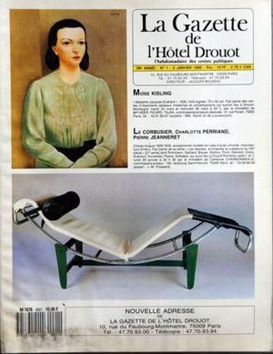 Gazette De L'hotel Drouot (La) N° 1 Du 05/01/1990 - Moise Kisling  -   Madame Jacques Guerard - Le Corbusier  -   Charlotte Perriand  -   Pierre Jeanneret  -   Chaise Longue 1929  -   32