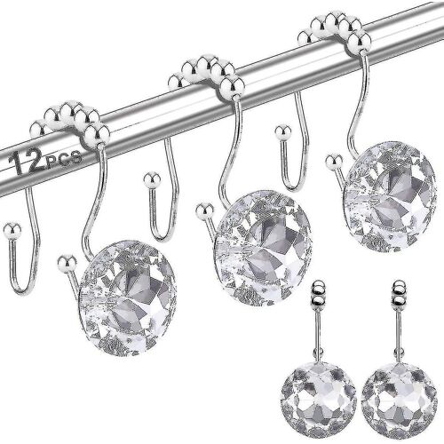 12pcs Douche Rideaux Crochets Anneaux Pour Salle de Bain, Double Crochets Glide Anti Rouille Cristal Strass Crochets Rods Rideaux Et Liner