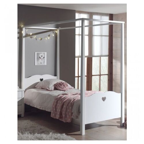 Vipack Amori Lit Simple Baldaquin 90x200cm Laqu Blanc + Sommier