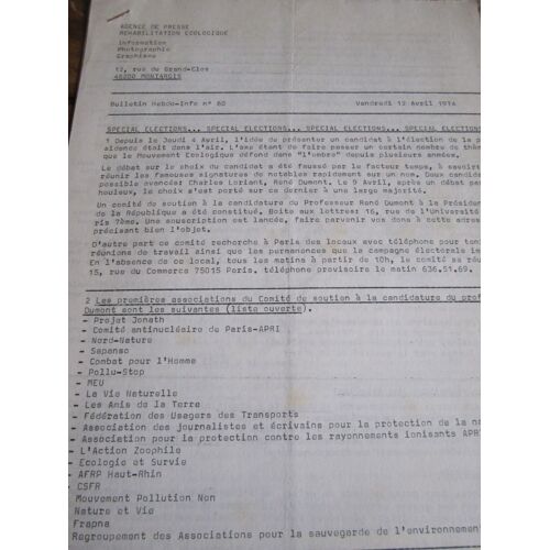 Agence De Presse Réhabilitation Écologique, Bulletin Hebdo N° 60 , Avril 1974