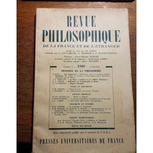 Revue Philosophique De La France Et De L’Étranger Numéro 2 Avril- Juin 1960