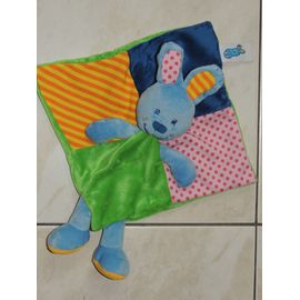 Doudou  peluche plat Lapin Casino Tilapin Ti Lapin Tête Bleu  Multicolore vert jaune rose