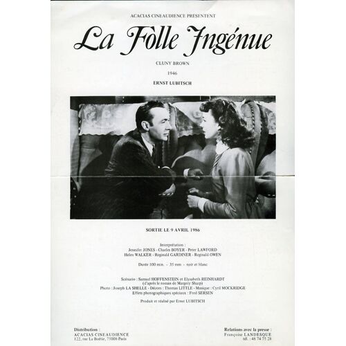 La Folle Ingénue, Synopsis, De Ernst Lubitsch, Avec Jennifer Jones, Peter Lawford, Charles Boyer