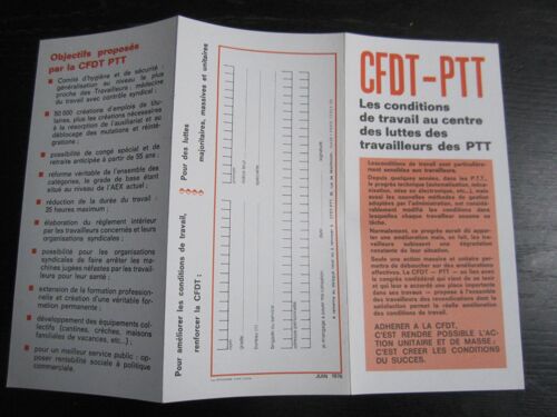 Dépliant De La C.F.D.T. P.T.T. : Les Conditions De Travail Au Centre Des Luttes Des Travailleurs Des P.T.T. / 1976